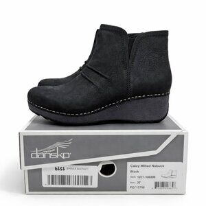 Dansko Womens Caley Bootie Black Leather Milled Nubuck Zipper Wedge Size 37 EU